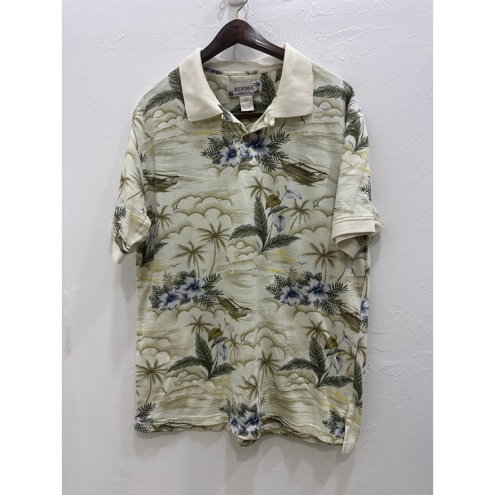 Summa Mens Large Hawaiian Floral Tropical Polo Shirt Cotton Short Sleeve Cream
